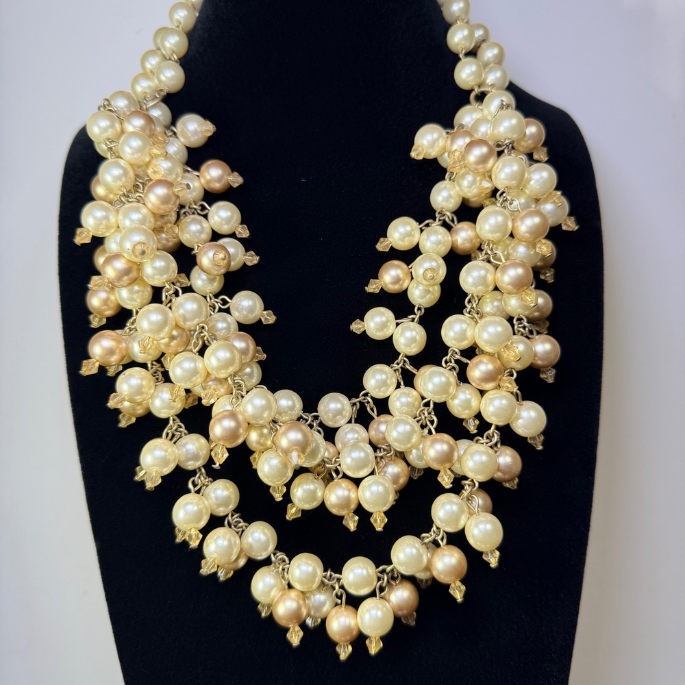 Gold Tone Faux Pearl Cluster Statement Bib Necklace Cream Champagne Bronze Heart